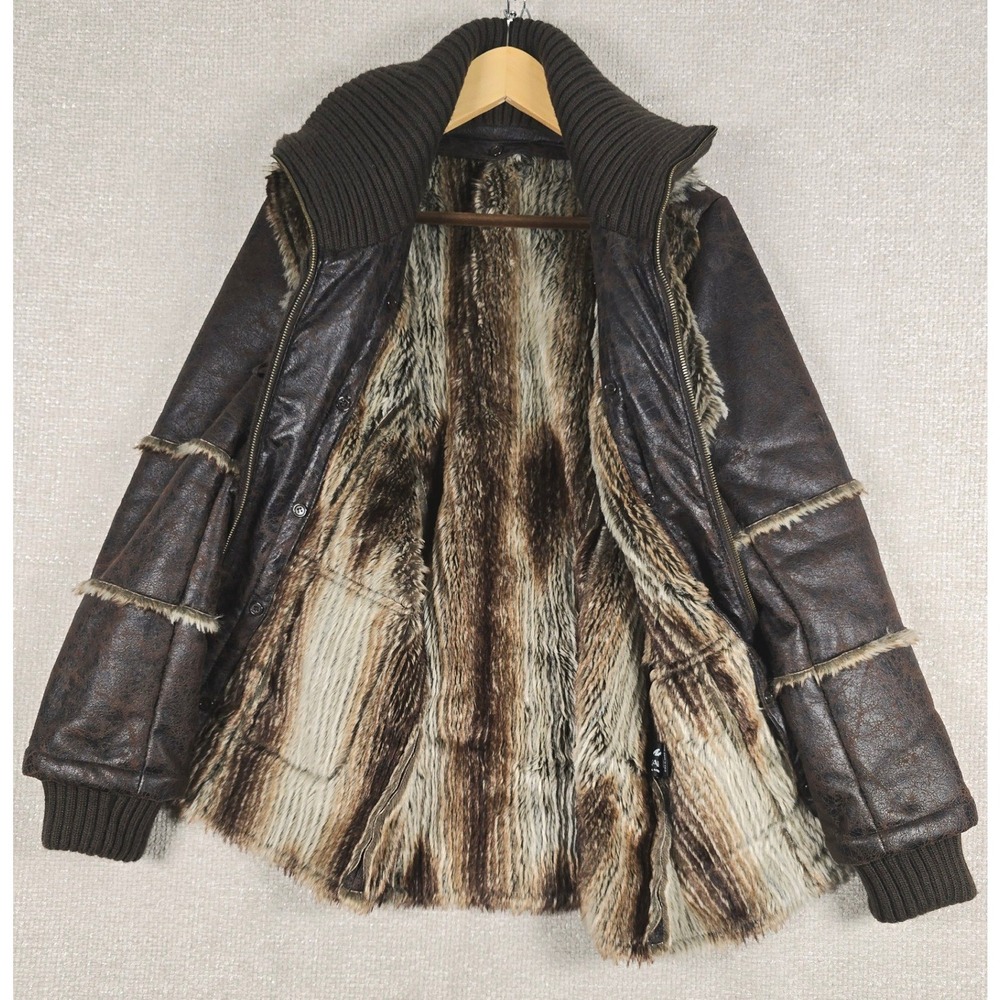 Montanaco Y2K Brown Faux Leather Shearling Jacket Sz M Removable Knit Cuffs Boho